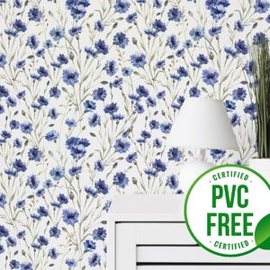 Blaue Blumentapete | Ablösbare Tapete oder ungeklebte Tapete - PVC-Frei | Selbstklebende Tapete - Aquarell Bauernhaus