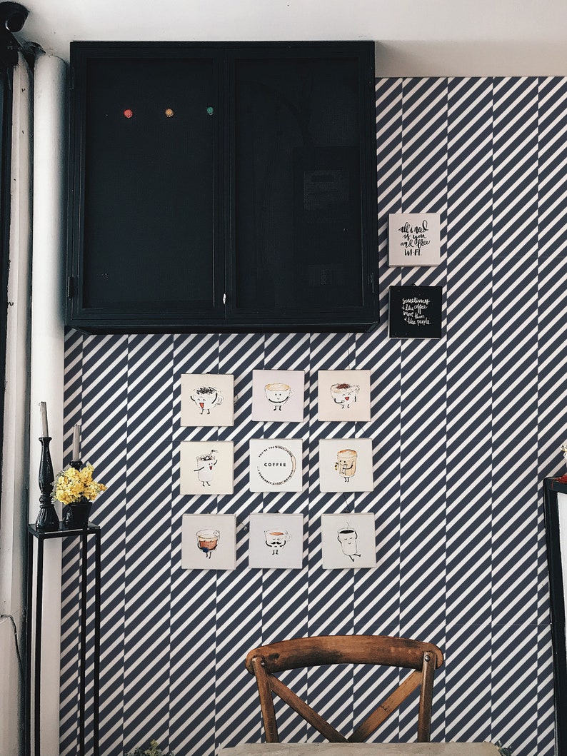 Diagonal stripe selfadhesive wallpaper blue and white Etsy