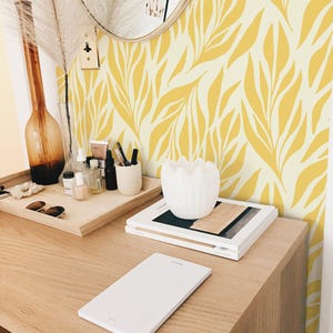 Yellow leaves wallpaper | Removable Peel and Stick wallpaper or Unpasted wallpaper - PVC-Free | Boho Scandi Self-adhesive wallpaper image 3