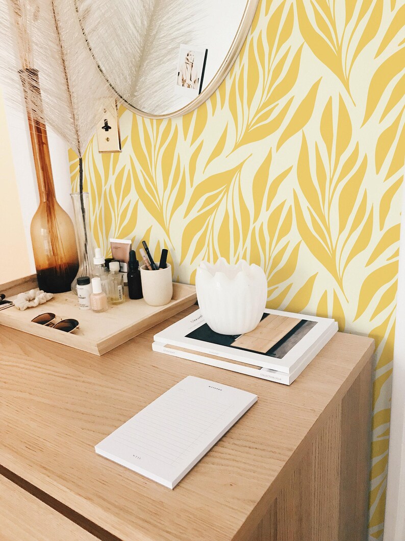 Yellow leaves wallpaper | Removable Peel and Stick wallpaper or Unpasted wallpaper - PVC-Free | Boho Scandi Self-adhesive wallpaper image 3