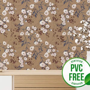 Papier peint floral rétro marron | amovible ou papier peint non encollé - sans PVC | Papier peint autocollant neutre