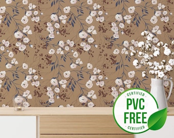 Brown retro floral wallpaper | Removable Peel and Stick wallpaper or Unpasted wallpaper - PVC-Free | Neutral Self-adhesive wallpaper