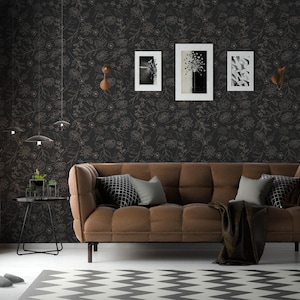 Black and beige floral wallpaper | Removable Peel and Stick wallpaper or Unpasted wallpaper - PVC-Free | Bold Self-adhesive wallpaper image 4