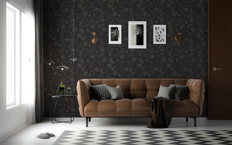 Black and beige floral wallpaper | Removable Peel and Stick wallpaper or Unpasted wallpaper - PVC-Free | Bold Self-adhesive wallpaper image 4