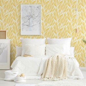 Yellow leaves wallpaper | Removable Peel and Stick wallpaper or Unpasted wallpaper - PVC-Free | Boho Scandi Self-adhesive wallpaper image 2