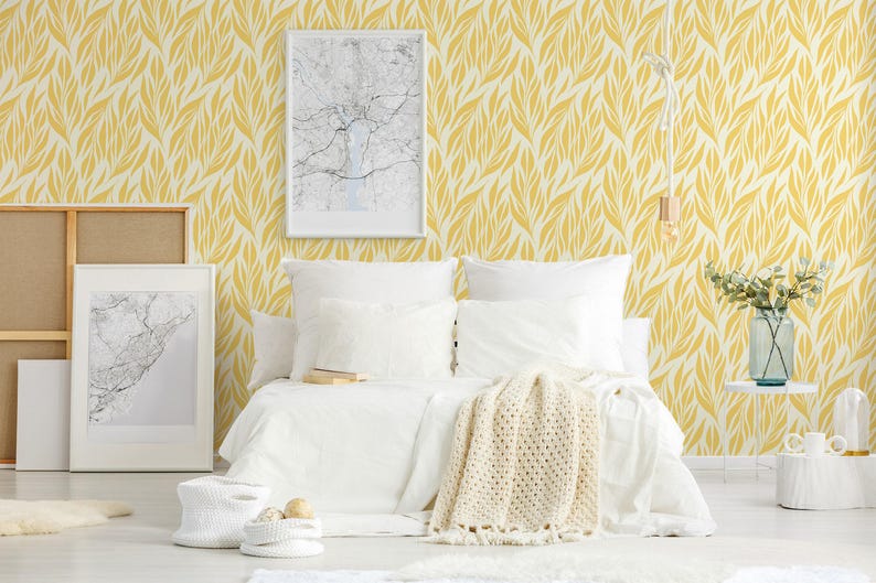 Yellow leaves wallpaper | Removable Peel and Stick wallpaper or Unpasted wallpaper - PVC-Free | Boho Scandi Self-adhesive wallpaper image 2