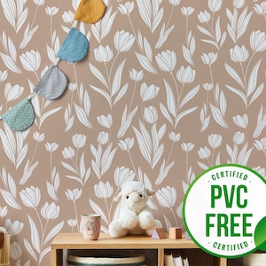 Brown floral wallpaper | Removable Peel and Stick wallpaper or Unpasted wallpaper - PVC-Free | Minimal Neutral Self-adhesive wallpaper