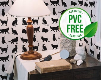 Black cat wallpaper | Removable Peel and Stick wallpaper or Unpasted wallpaper - PVC-Free |  Self-adhesive wallpaper
