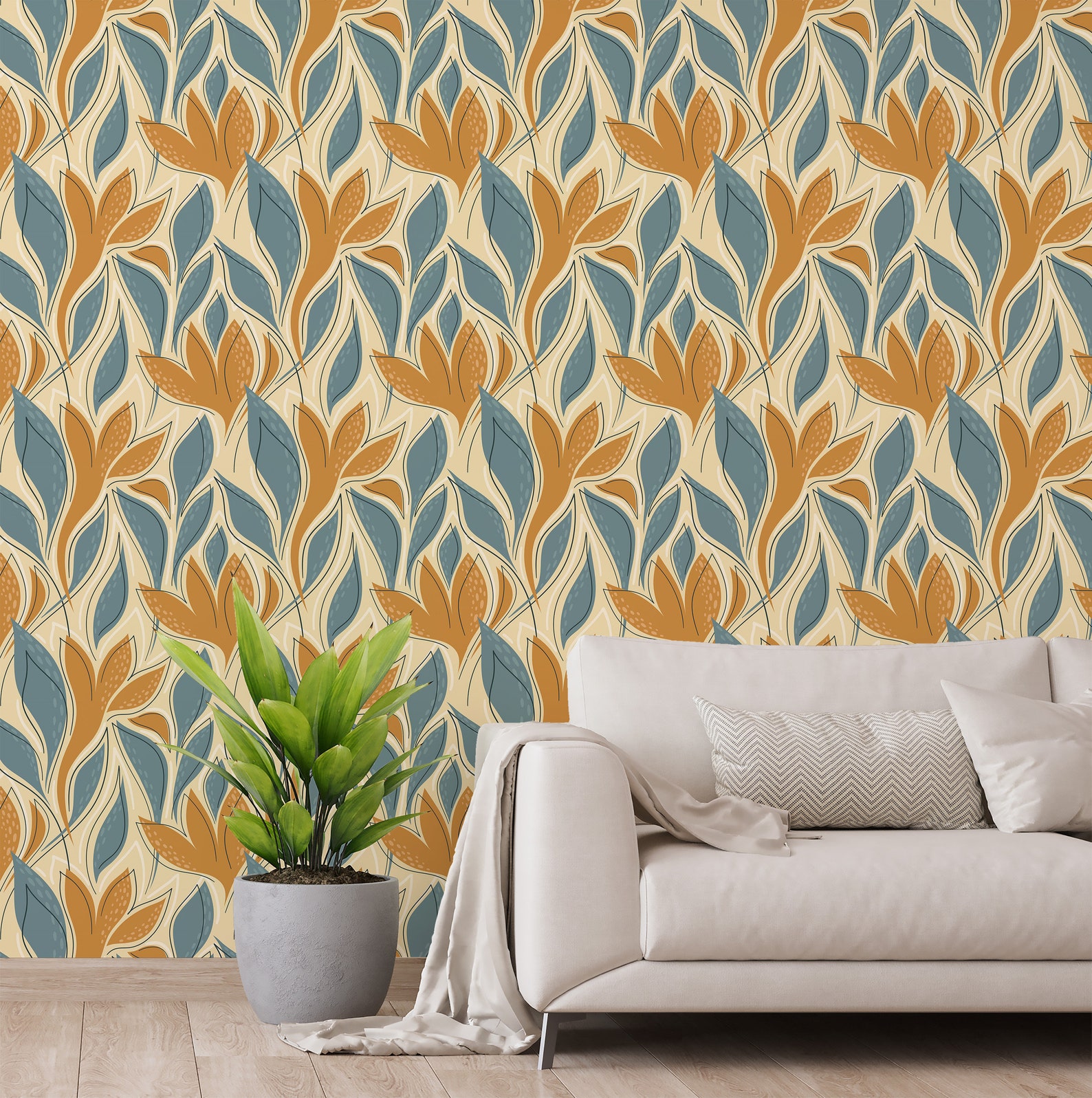 Yellow and Blue Abstract Floral Wallpaper Removable Peel and Etsy