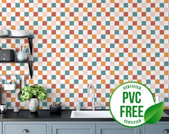 Colorful grid wallpaper | Removable Peel and Stick wallpaper or Unpasted wallpaper - PVC-Free | Checker Vintage Self-adhesive wallpaper