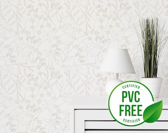 Beige simple floral wallpaper | Removable Peel and Stick wallpaper or Unpasted wallpaper - PVC-Free | Minimalist Self-adhesive wallpaper