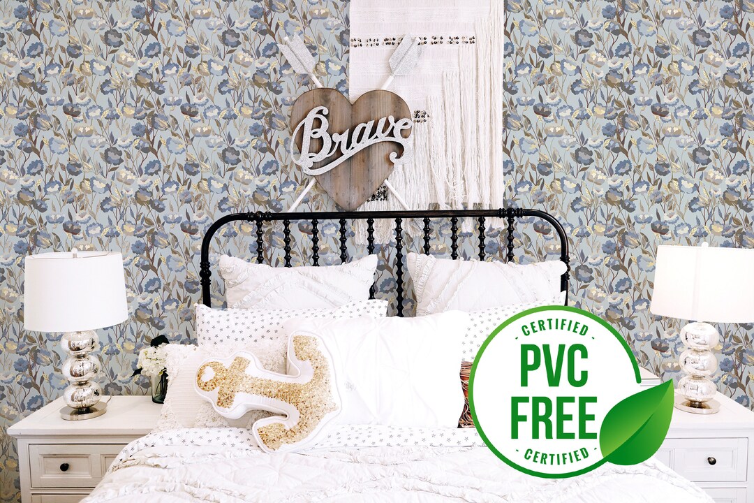 Blue and Gray Floral Wallpaper Removable Peel and Stick Etsy