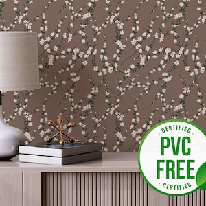 Braune Blumentapete | Ablösbare Tapete oder ungeklebte Tapete - PVC-Frei | Baum Neutral Selbstklebende Tapete
