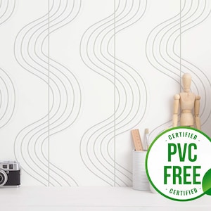 Gray vintage line wallpaper | Removable Peel and Stick wallpaper or Unpasted wallpaper - PVC-Free | Wave Striped Self-adhesive wallpaper