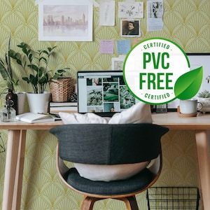 Gelbe und grüne Art Deco Tapete | Ablösbare Tapete oder ungeklebte Tapete - PVC-Frei | Selbstklebende Tapete