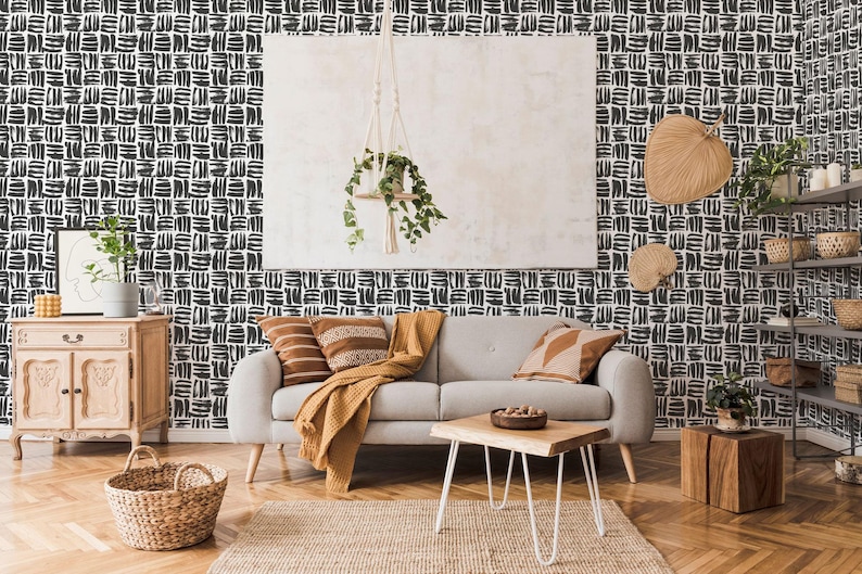 Brushstroke wallpaper | Brush stroke peel and stick wallpaper or Unpasted - PVC-free | Black & White removable wallpaper | Rustic Wall Décor image 2