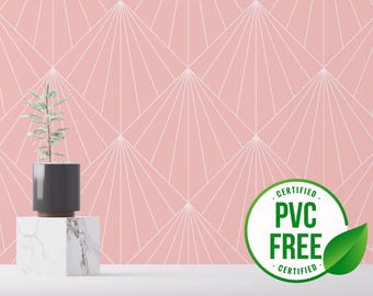 May include: A pink wallpaper with a white geometric pattern. A small potted plant sits on a white marble pedestal. A green leaf and a white circle with the text "CERTIFIED PVC FREE CERTIFIED" are in the foreground.