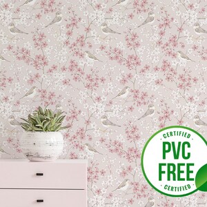 Pink spring sakura wallpaper | Removable Peel and Stick wallpaper or Unpasted wallpaper - PVC-Free | Floral Bird Self-adhesive wallpaper