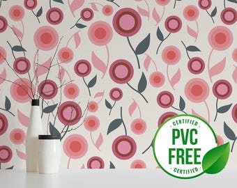 Pink retro wallpaper | Removable Peel and Stick wallpaper or Unpasted wallpaper - PVC-Free | Geometric Floral Self-adhesive wallpaper