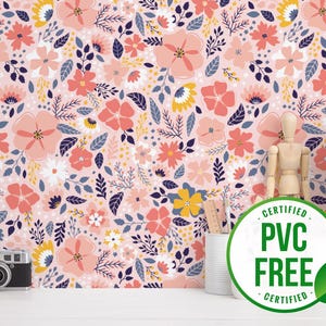 Rosa und blaue Frühlingsblumentapete | Ablösbare Tapete oder ungeklebte Tapete - PVC-Frei