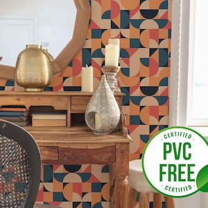 Luxus Tapete Marineblau und Orange | Ablösbare Tapete oder ungeklebte Tapete - PVC-Frei | Geometrische Selbstklebende Tapete