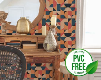 Navy and orange luxury wallpaper | Removable Peel and Stick wallpaper or Unpasted wallpaper - PVC-Free | Geometric Self-adhesive wallpaper