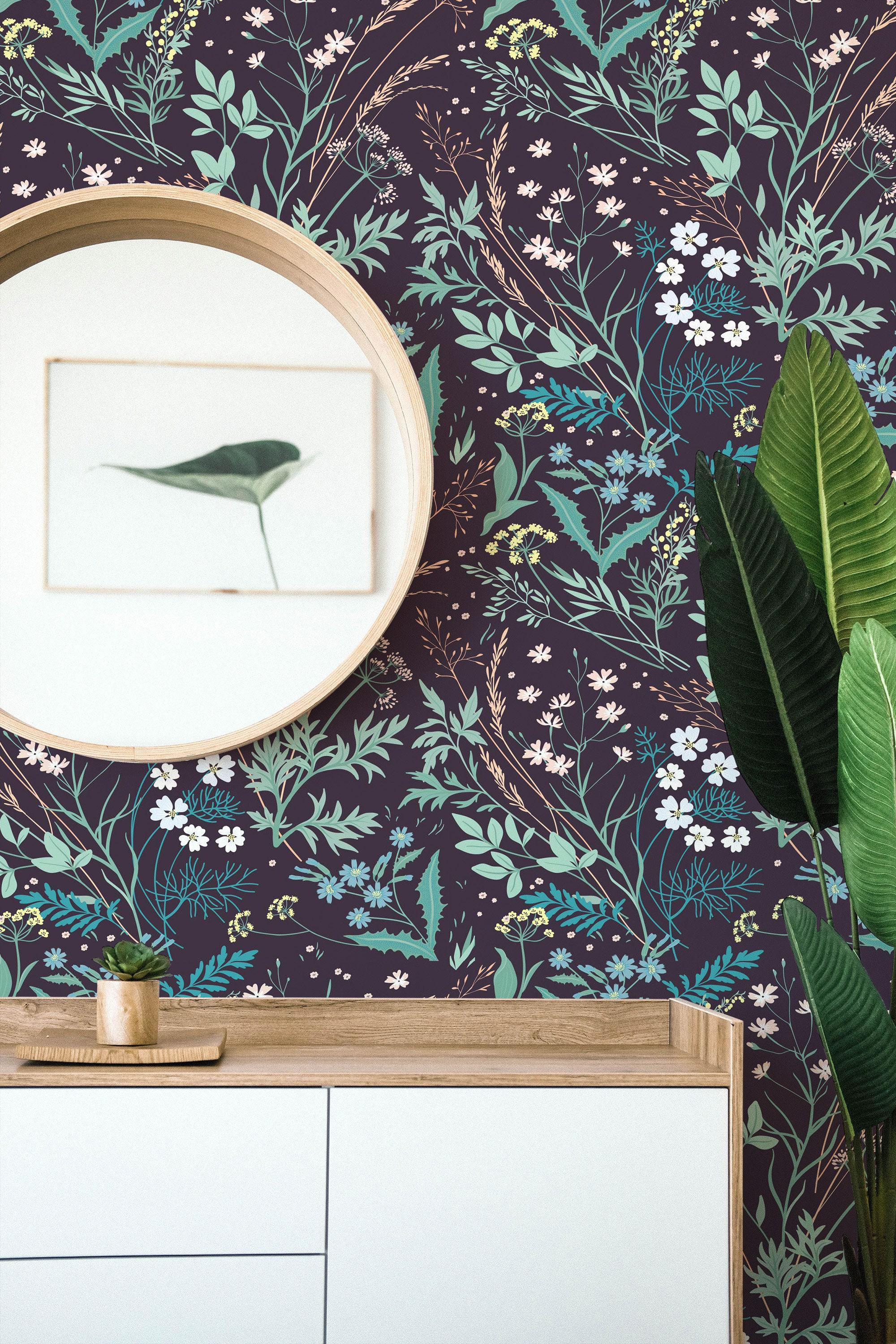 Blue Dark Floral Wallpaper | Removable Peel and Stick Wallpaper or ...