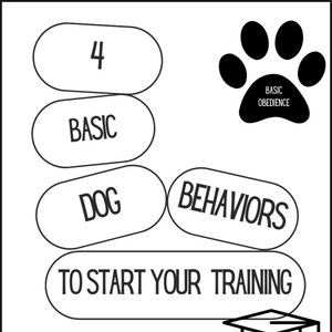 Op de afbeelding: Zwart-witte illustratie van een hond met een afstudeerpet. De illustratie bevat de tekst "4 Basic Dog Behaviors to Start Your Training" en "Self Guided Basic Obedience Commands - Great for Dogs or Puppies - Ashley the dog trainer".