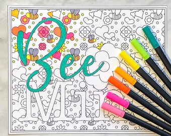 Bee Mine Coloring Page: Valentine's Day Floral Design (8x10 JPEG)