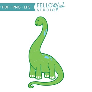 Puede incluir: Un dinosaurio verde de dibujos animados con cuello largo y cola enroscada. El dinosaurio tiene manchas azules y un contorno verde claro.