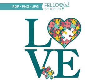 Autismus Bewusstsein Liebe Herz Puzzle PNG: Shirt Design (Digitaler Download)