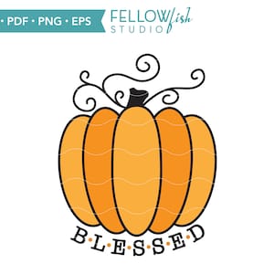 May include: An orange pumpkin illustration with black outlines and a black stem. The word "BLESSED" is written in black letters at the bottom. The top of the pumpkin has decorative black swirls. The image also includes the text "SVG • PDF • PNG • EPS" and "FELLOW/fish STUDIO".