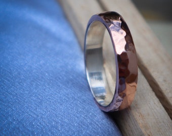 Silver-lined HAMMERED COPPER RING - Sparkling Ring - Boho Style Ring - Men Adjustable Ring - Ring For Husband - Copper Jewelry
