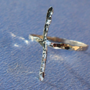 Thin silver cross ring, hammer silver ring, shiny silver ring, polished silver ring, unique silver ring, sparkling silver ring