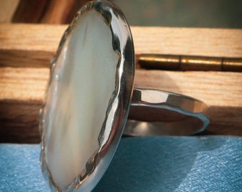 Sterling Silver Huge 30mm Natural Mother Of Pearl Ring,Hammered Band, Anniversary, Engagement, Wedding