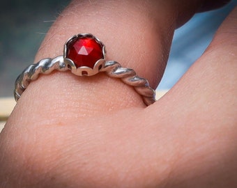 Sterling Silver Garnet Twist Ring, Wedding, Engagement, Promise, Anniversary
