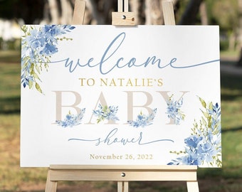 Boy Baby Shower Welcome Sign, Blue Baby Shower Sign Boy, Blue Floral Baby Shower Poster, Baby Boy Shower Decorations, Foam Welcome Poster