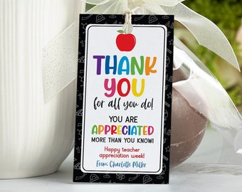 Thank You Gift Tags Printable, Editable Teacher Appreciation Tags, Teacher Appreciation Week Gift Tag, Staff Thank You Gift Instant Download