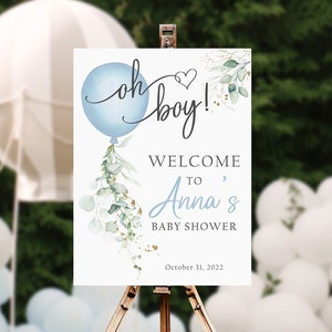 Greenery Blue Balloon Baby Shower Welcome Sign, Boy Baby Shower Sign, Blue Welcome Poster, Oh Boy Baby Shower Decorations, Foam Board BBS1