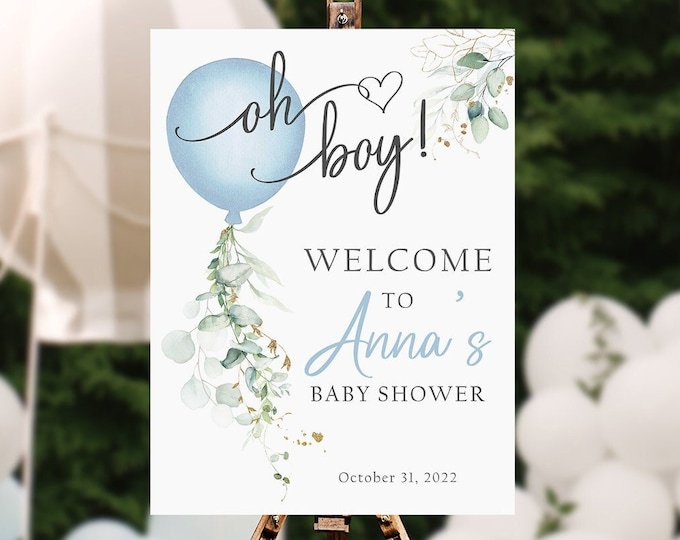 Greenery Blue Balloon Baby Shower Welcome Sign, Boy Baby Shower Sign ...