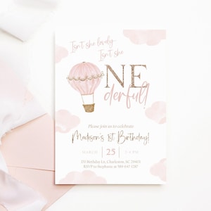 Editable Onederful Birthday Invitation Girl, Pink Hot Air Balloon Birthday Invite First, Onederful Invitation, 1st Birthday Invitation Girl