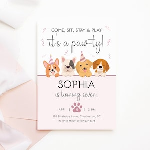 Lets Pawty Birthday, Puppy Invitation, Editable Dog Birthday Invitation Girl, Pawty Birthday Invitation For Girls, Digital Download Template