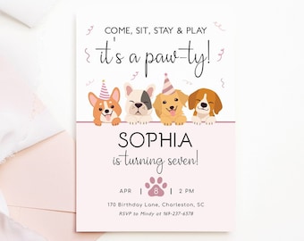 Invitación de cumpleaños para niñas, invitación para cachorros, invitación de cumpleaños para niñas con temática de perros editable, invitación de cumpleaños para niñas, plantilla de descarga digital