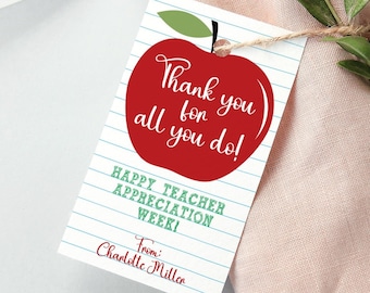 Apple Teacher Appreciation Tags, Thank You Gift Tags Printable, Editable Teacher Appreciation Week Gift Tags, Teacher Gift Thank You Card