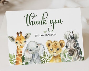 Editable Safari Baby Shower Thank You Cards, Safari Birthday Folded Thank You Card Template, Jungle Baby Shower Cards Gender Neutral, SAB1