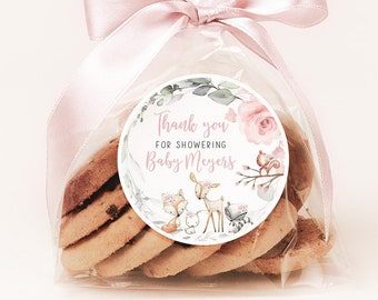 Etiqueta de favor del bosque, pegatinas de baby shower del bosque, pegatinas de agradecimiento de baby shower, etiquetas de animales del bosque, favores de baby shower de niña rosa