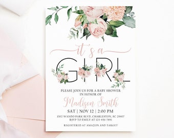 EDITABLE Pink Floral Baby Shower Invitation Girl, Digital Baby Shower Invite, Baby Girl Shower, It's A Girl Invitation Template Printable