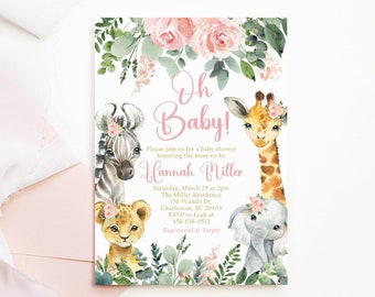 Editable Girl Safari Baby Shower Invitation, Wild One Jungle Baby Shower Invitation, Pink Floral Greenery Baby Girl Invite, Instant Download