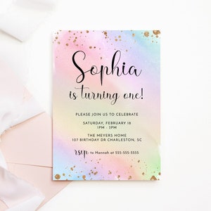 Editable Rainbow Birthday Invitation Template, Pastel 1st Birthday Invitation, Watercolor Rainbow Party, Gold Glitter Girls Birthday Invite