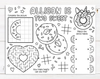 Editable Donut Two Sweet 2nd Birthday Party Placemat, Personalized Donut Party Table Mat, Kids Coloring Page, Party Activity Sheet Printable